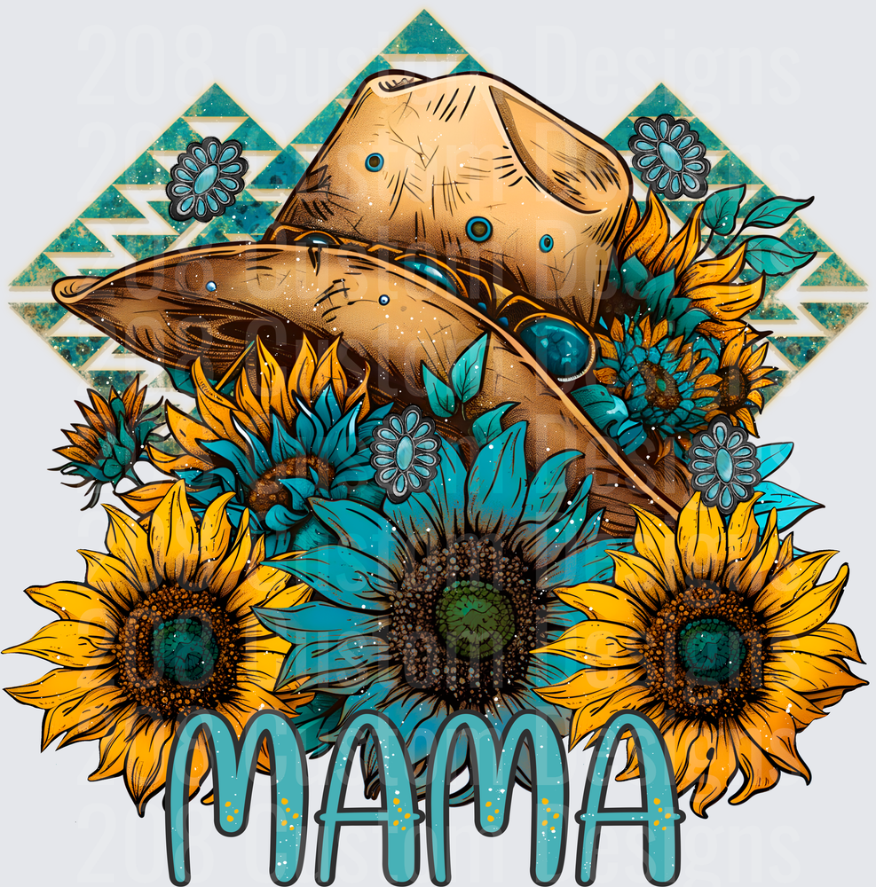 Boho Mama Mushrooms with Turquoise Sunflowers and Geometric Background