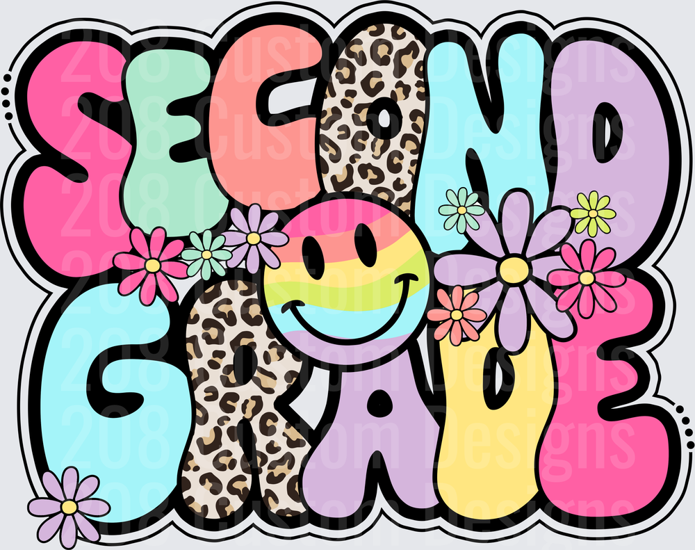 Second Grade Groovy Smiley Face Leopard Print Floral Bold