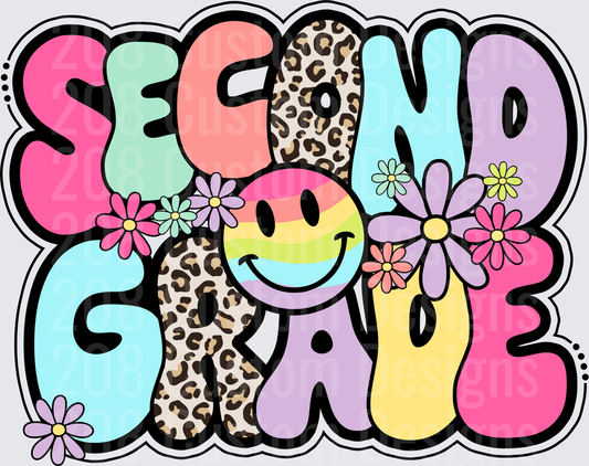 Second Grade Groovy Smiley Face Leopard Print Floral Bold