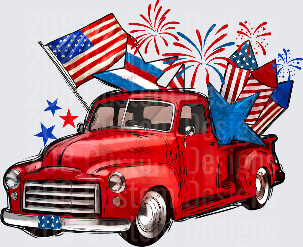 Red Vintage Pickup Truck with American Flag and Fireworks