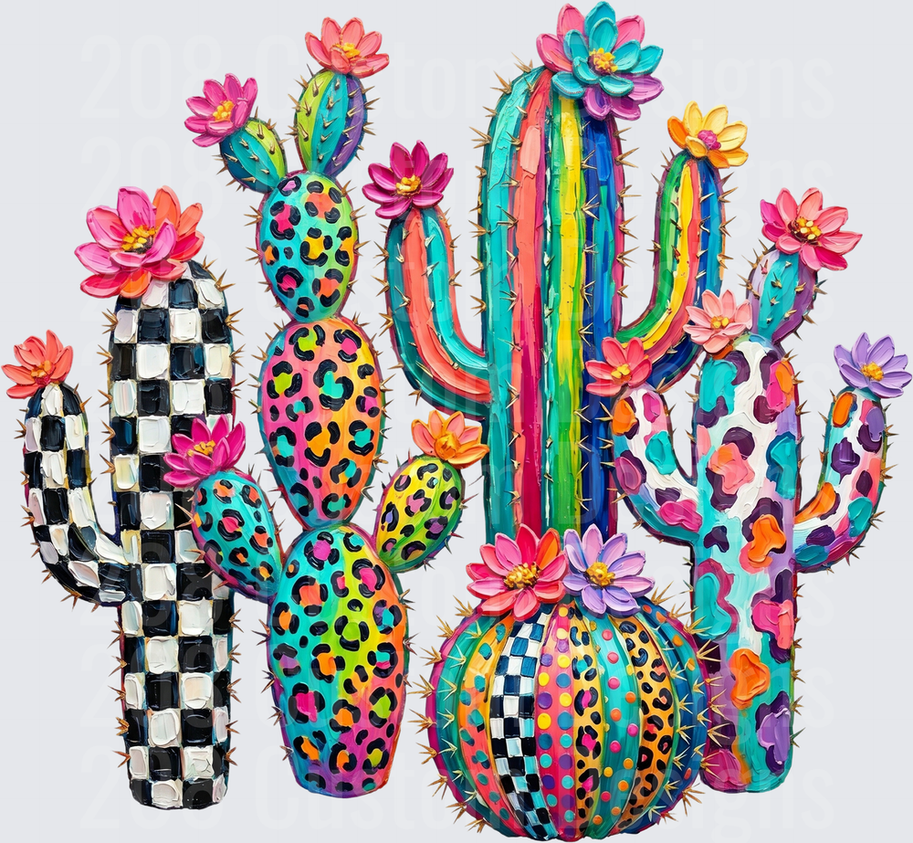 Colorful Leopard Print Checkered Cactus Bouquet with Flowers