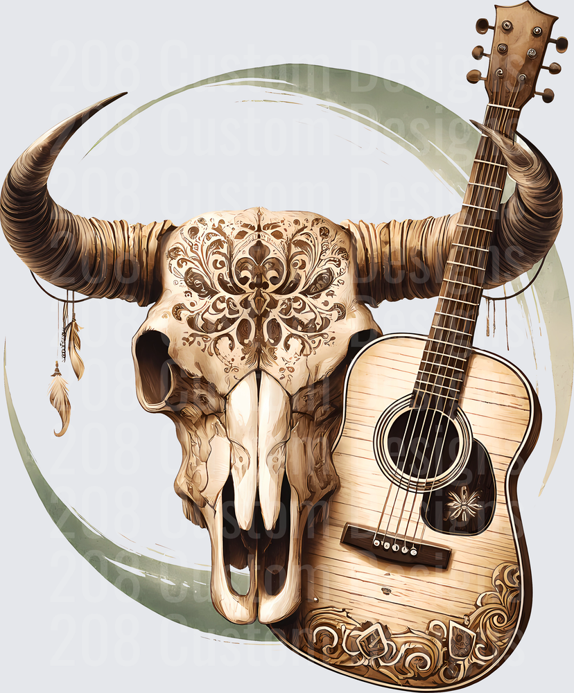 Ornate Bull Skull with Acoustic Guitar and Feathers Design