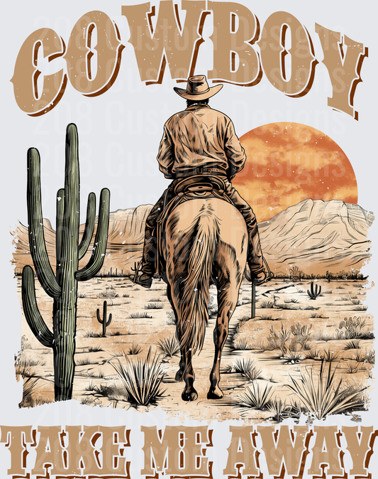 Cowboy Riding Horse Through Desert Landscape with Cactus and Mountains