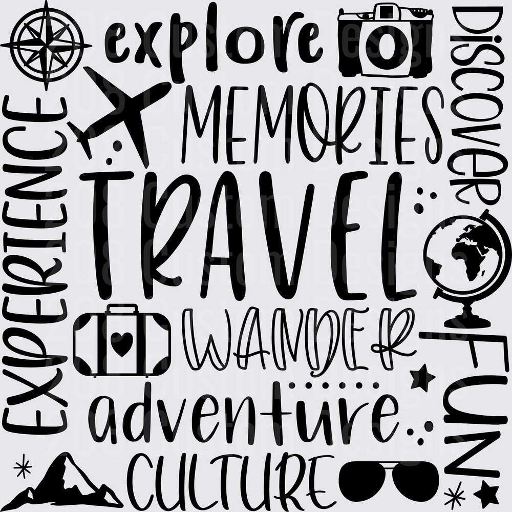 Travel Typography Word Art with Adventure Icons and Wanderlust Quote
