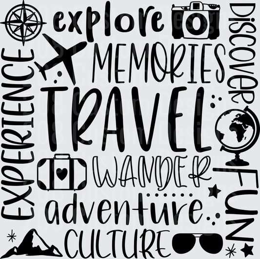 Travel Typography Word Art with Adventure Icons and Wanderlust Quote