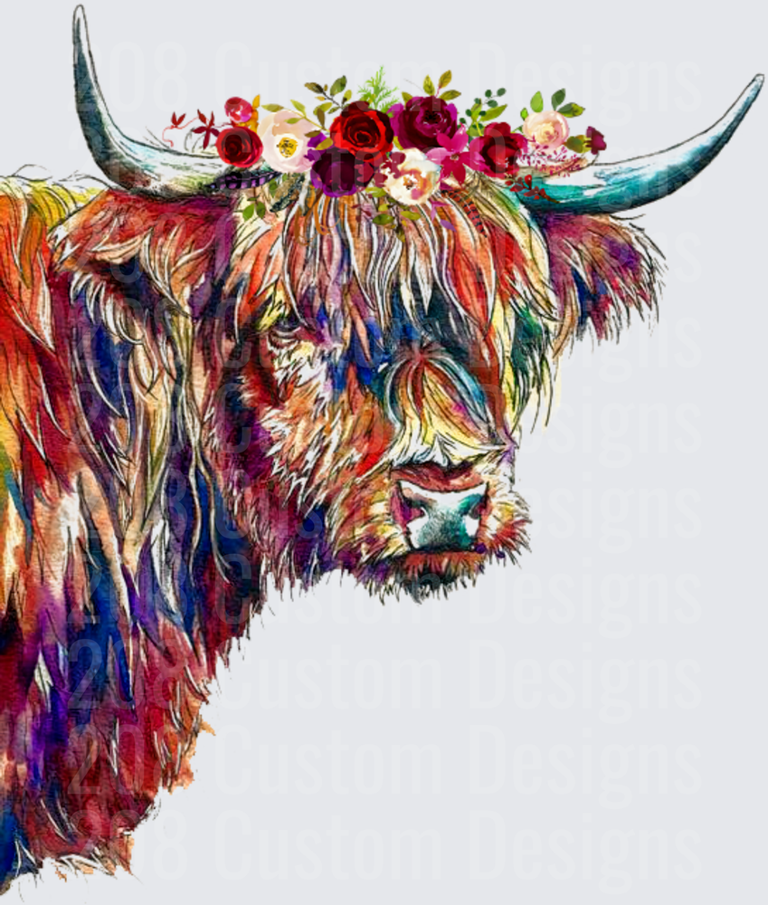 Colorful Highland Cow with Floral Crown and Horns