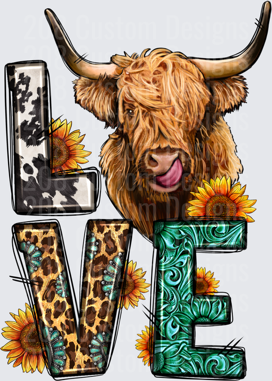 Highland Cow LOVE Letters with Sunflowers and Animal Prints