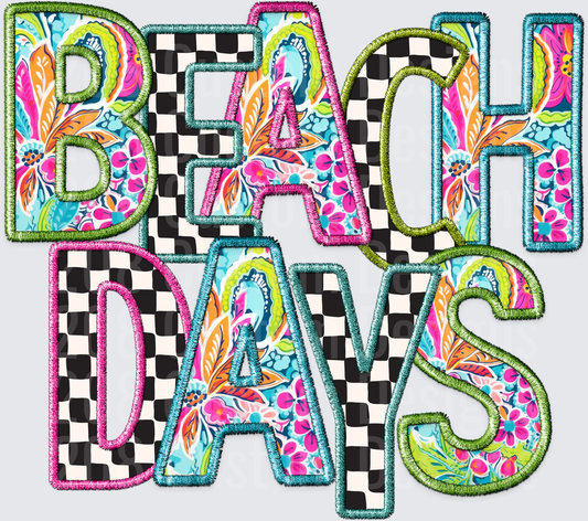 Beach Days Tropical Floral Checkered Pattern Embroidered Text