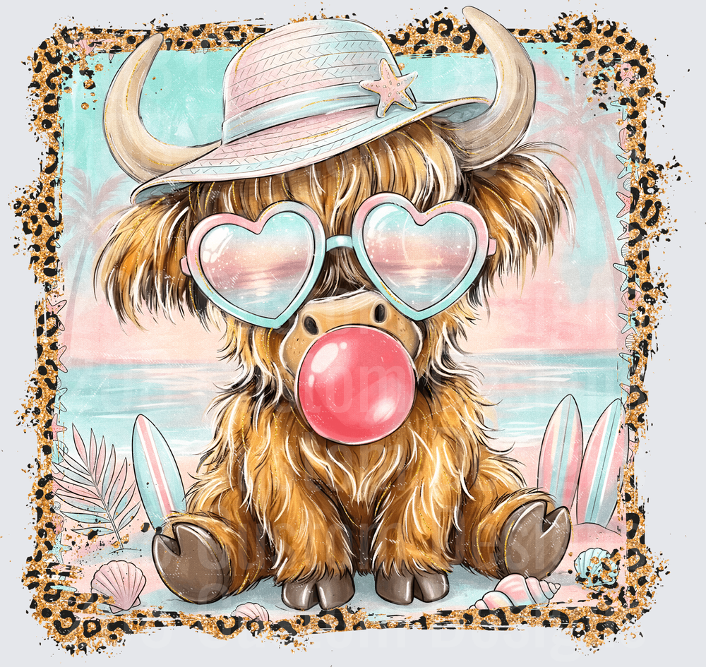 Highland Cow with Cowboy Hat Heart Sunglasses Blowing Bubble Gum