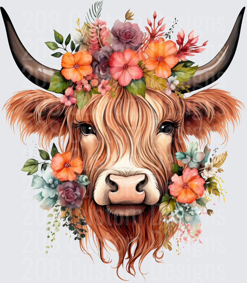 Highland Cow with Autumn Floral Crown and Horns