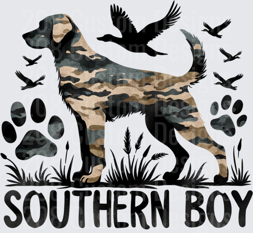 Camouflage Hunting Dog with Flying Ducks Southern Boy