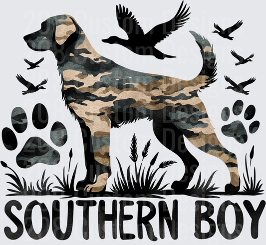 Camouflage Hunting Dog with Flying Ducks Southern Boy