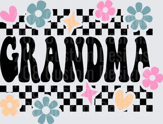 GRANDMA with Checkered Pattern Flowers Hearts and Stars