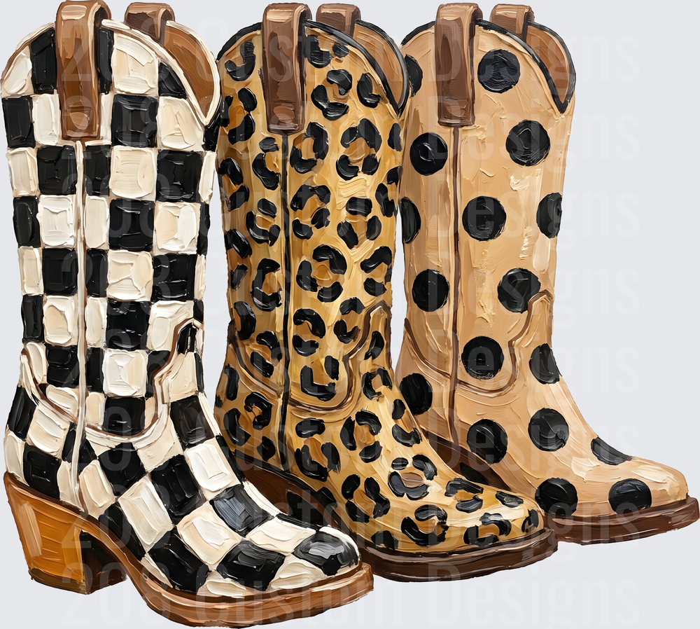 Three Western Cowboy Boots with Checkered Leopard and Polka Dot Patterns