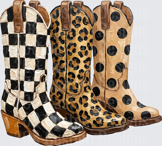 Three Western Cowboy Boots with Checkered Leopard and Polka Dot Patterns