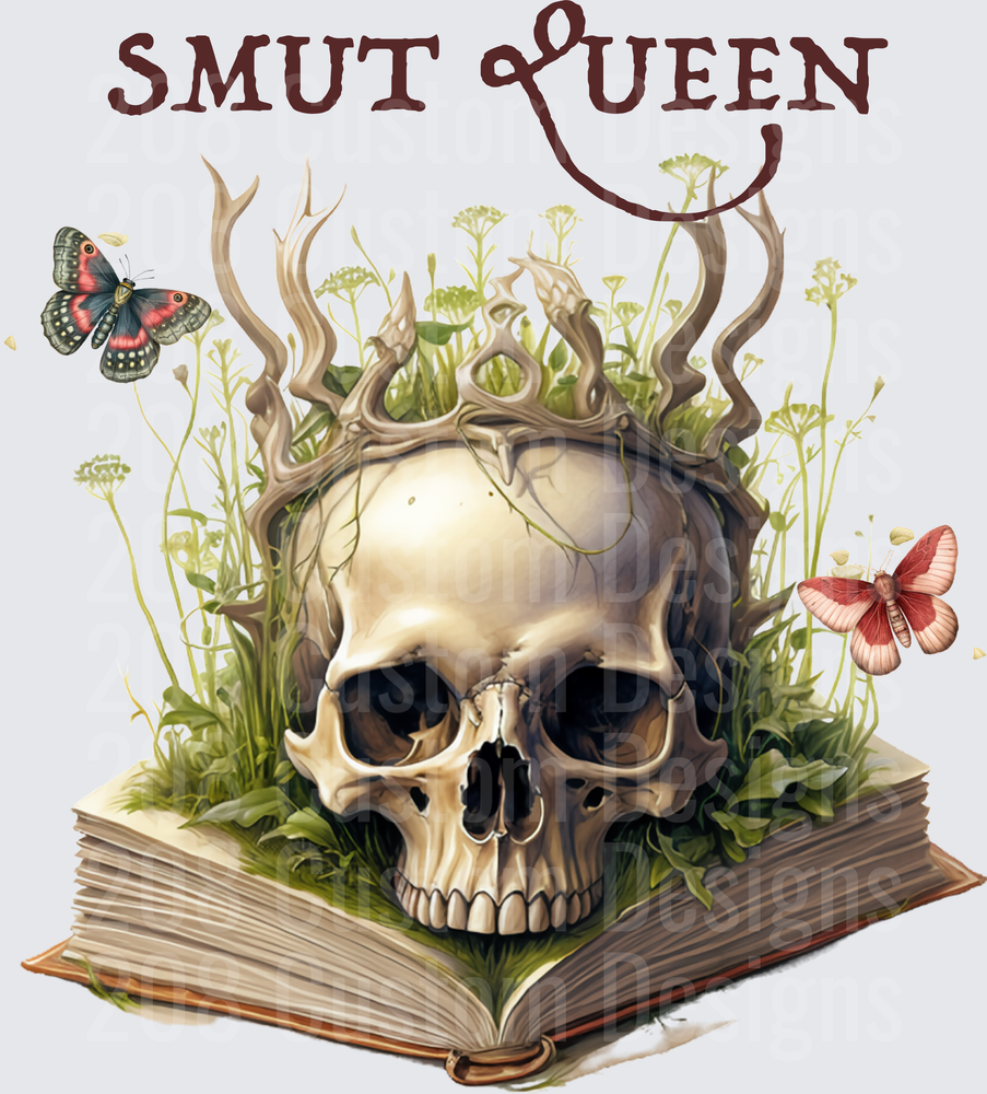 Smut Queen Skull with Crown Growing from Open Book with Butterflies and Wildflowers