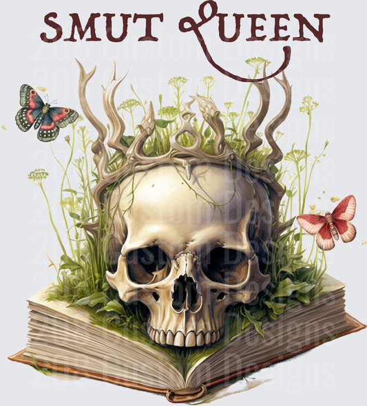 Smut Queen Skull with Crown Growing from Open Book with Butterflies and Wildflowers
