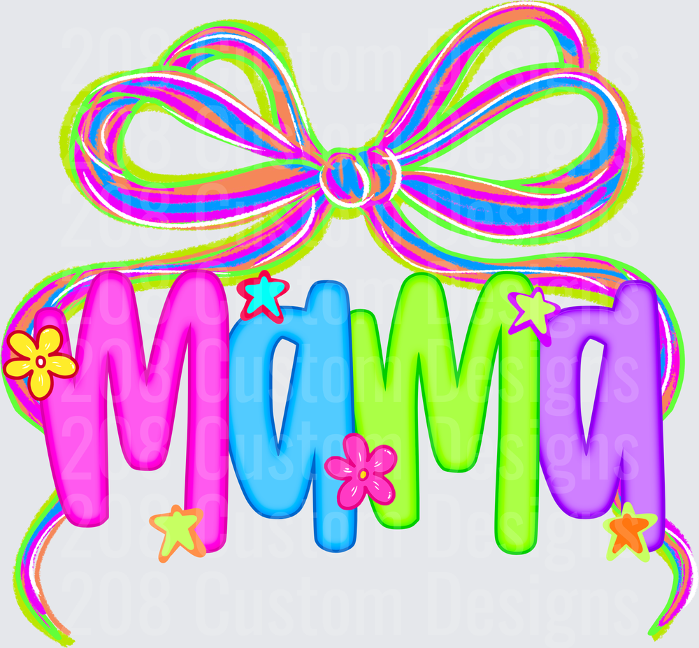 Colorful MAMA Text with Rainbow Bow and Flower Decorations