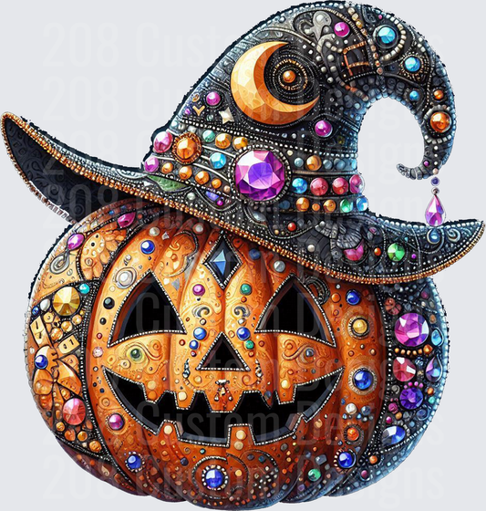 Jeweled Jack-O-Lantern with Ornate Bejeweled Witch Hat