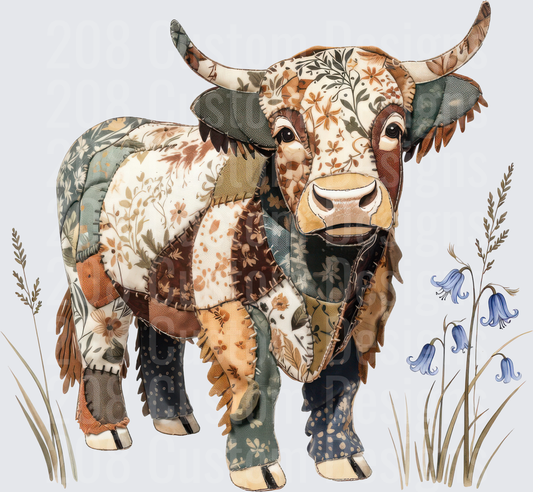 Patchwork Fabric Cow with Blue Wildflowers and Grass