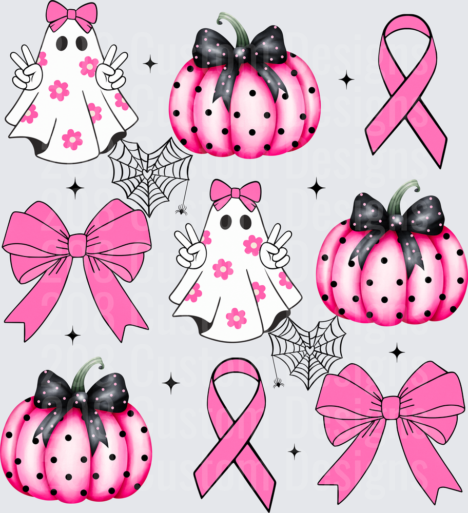 Pink Halloween Ghost with Bow Pumpkins Awareness Ribbon Pattern
