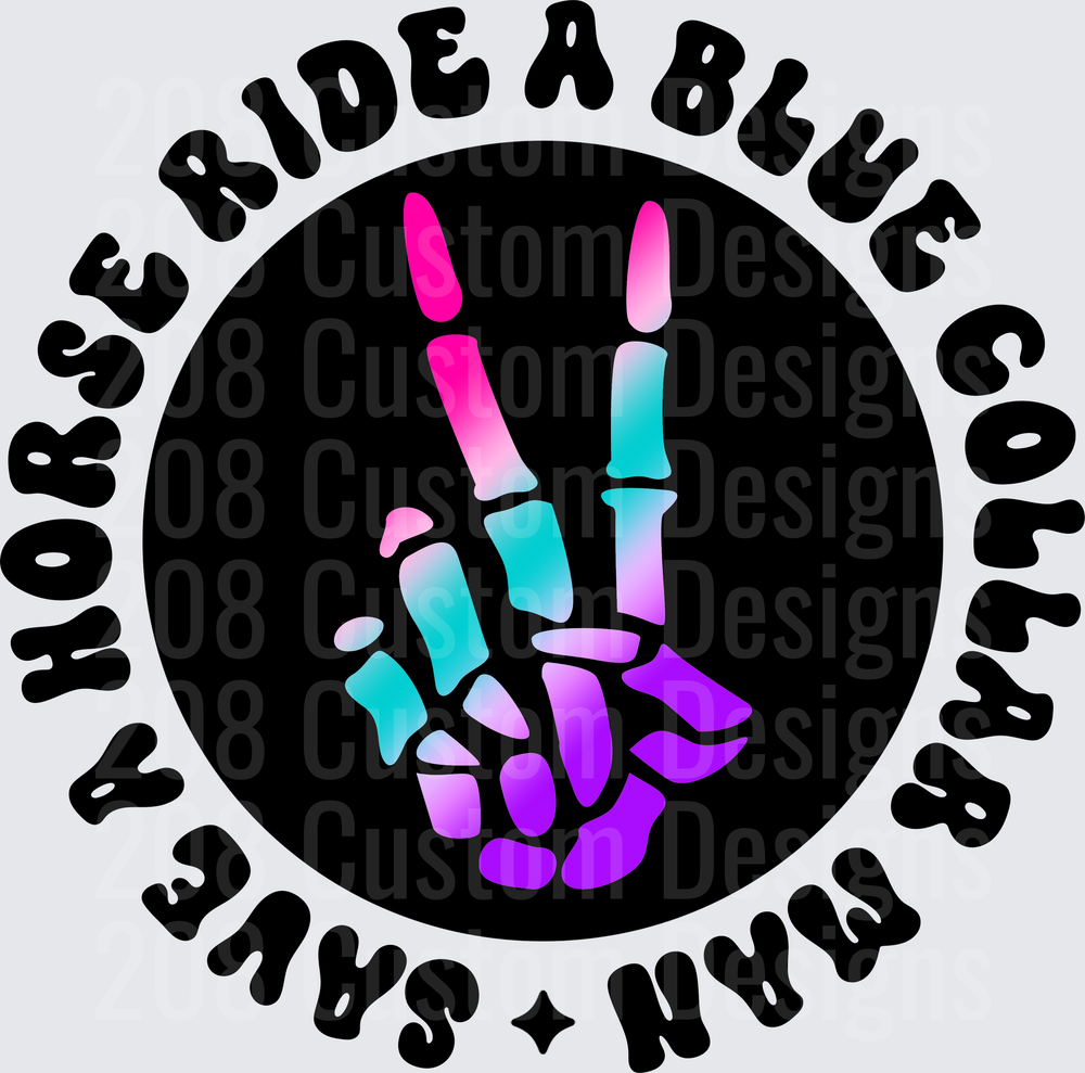 Holographic Skeleton Hand Peace Sign with Blue Coral Text Circle