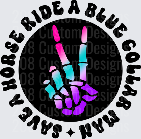 Holographic Skeleton Hand Peace Sign with Blue Coral Text Circle