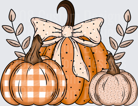 Fall Pumpkins with Polka Dot Bow and Botanical Leaves