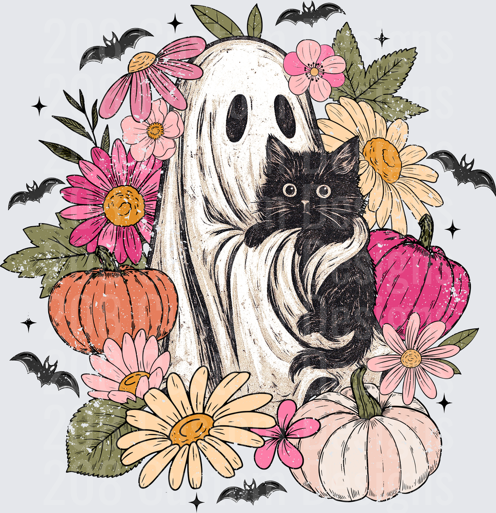 Floral Halloween Ghost Holding Black Cat With Pumpkins