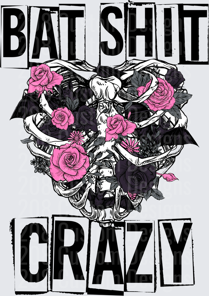 Bat Shit Crazy Skeletal Heart Bats Pink Dark Roses Floral