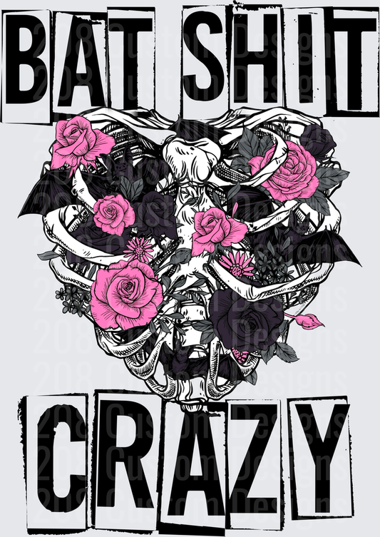 Bat Shit Crazy Skeletal Heart Bats Pink Dark Roses Floral