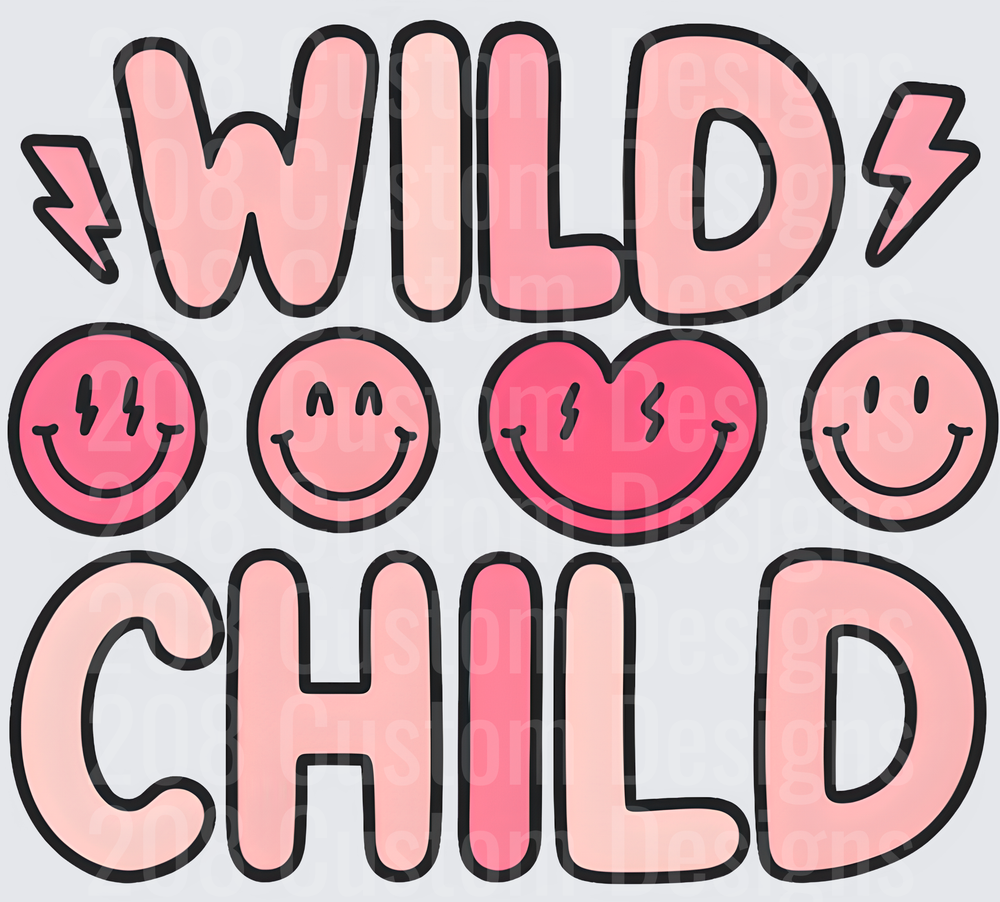 Wild Child Pink Bubble Letters with Lightning Bolt Smiley Faces
