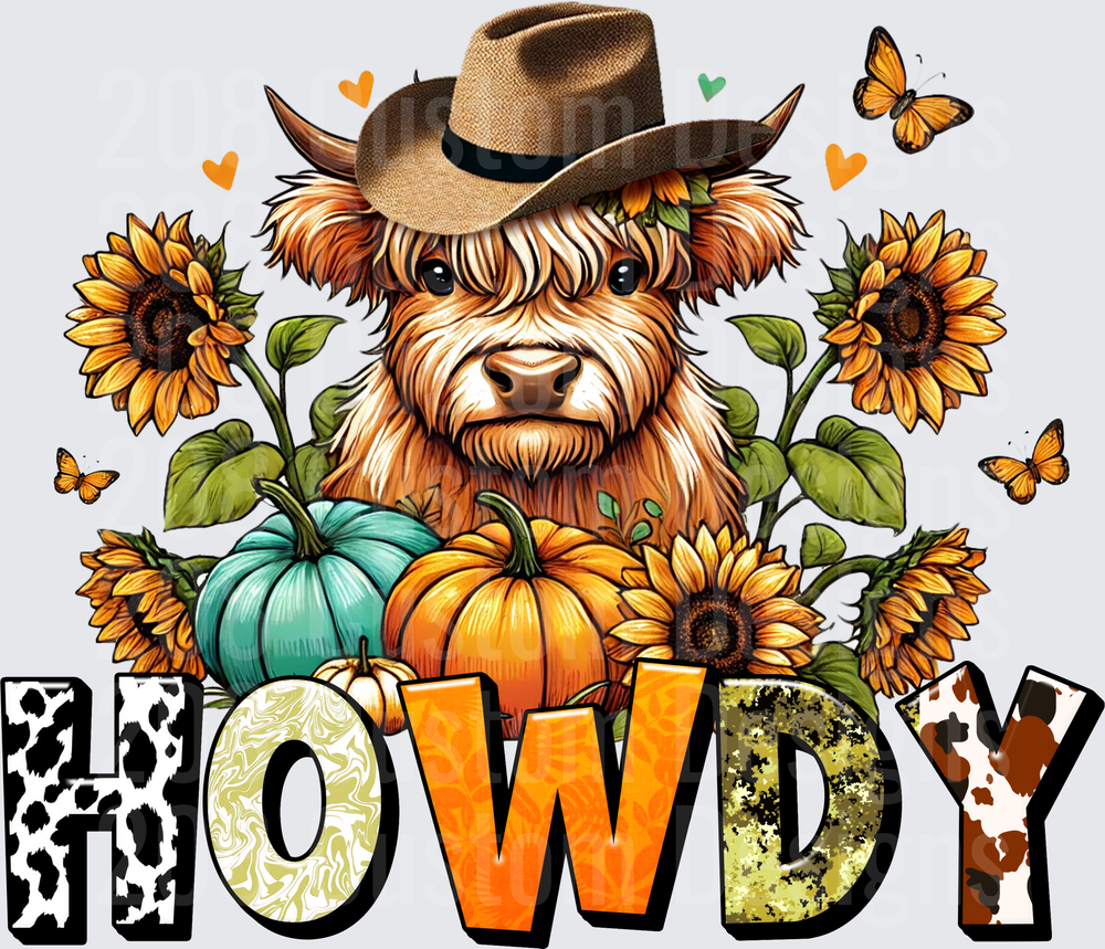 Highland Cow in Cowboy Hat with Sunflowers and Pumpkins HOWDY Text