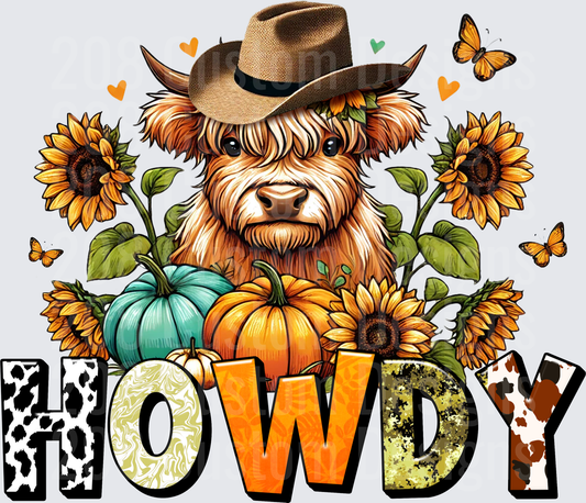 Highland Cow in Cowboy Hat with Sunflowers and Pumpkins HOWDY Text