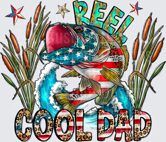 Reel Cool Dad Bass Fish American Flag Patriotic Father's Day