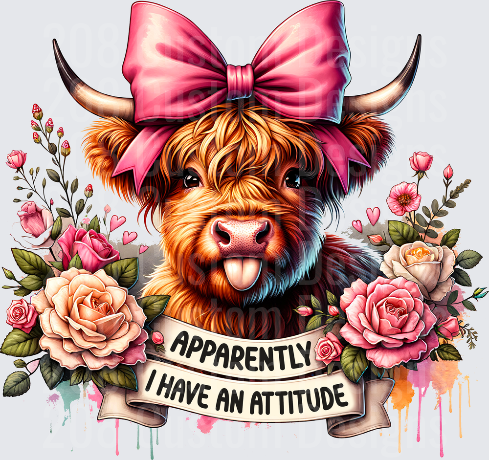 Sassy Highland Cow with Pink Bow and Roses Apparently I Have An Attitude