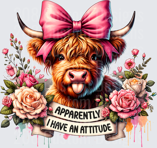 Sassy Highland Cow with Pink Bow and Roses Apparently I Have An Attitude