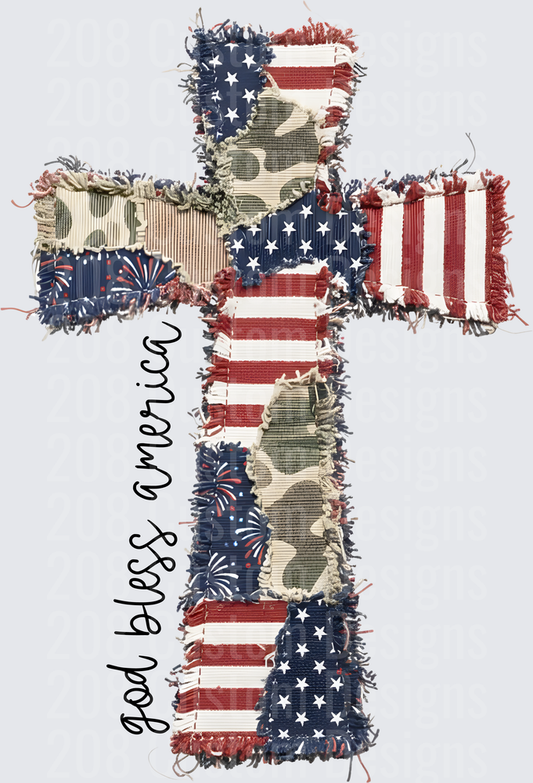 God Bless America Patriotic Cross with Flag and Camo Pattern