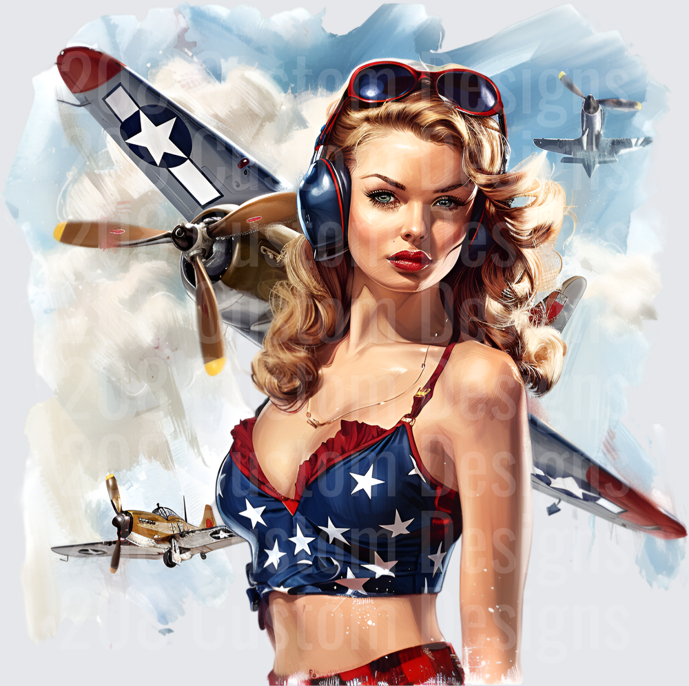 Vintage Pin-Up Girl with WWII Fighter Planes and Stars