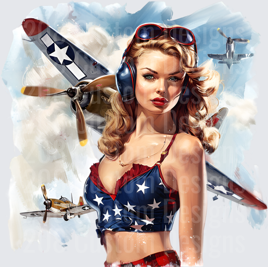 Vintage Pin-Up Girl with WWII Fighter Planes and Stars