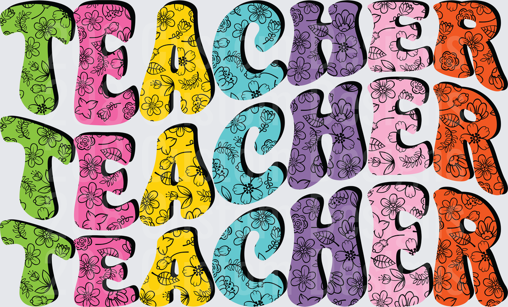 Retro Floral Stacked Teacher Word Colorful Groovy Letters