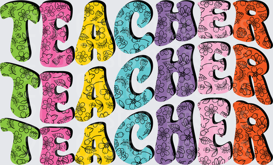 Retro Floral Stacked Teacher Word Colorful Groovy Letters