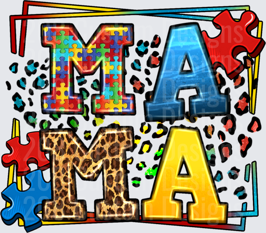 MAMA Colorful Letters with Puzzle Pieces and Leopard Print