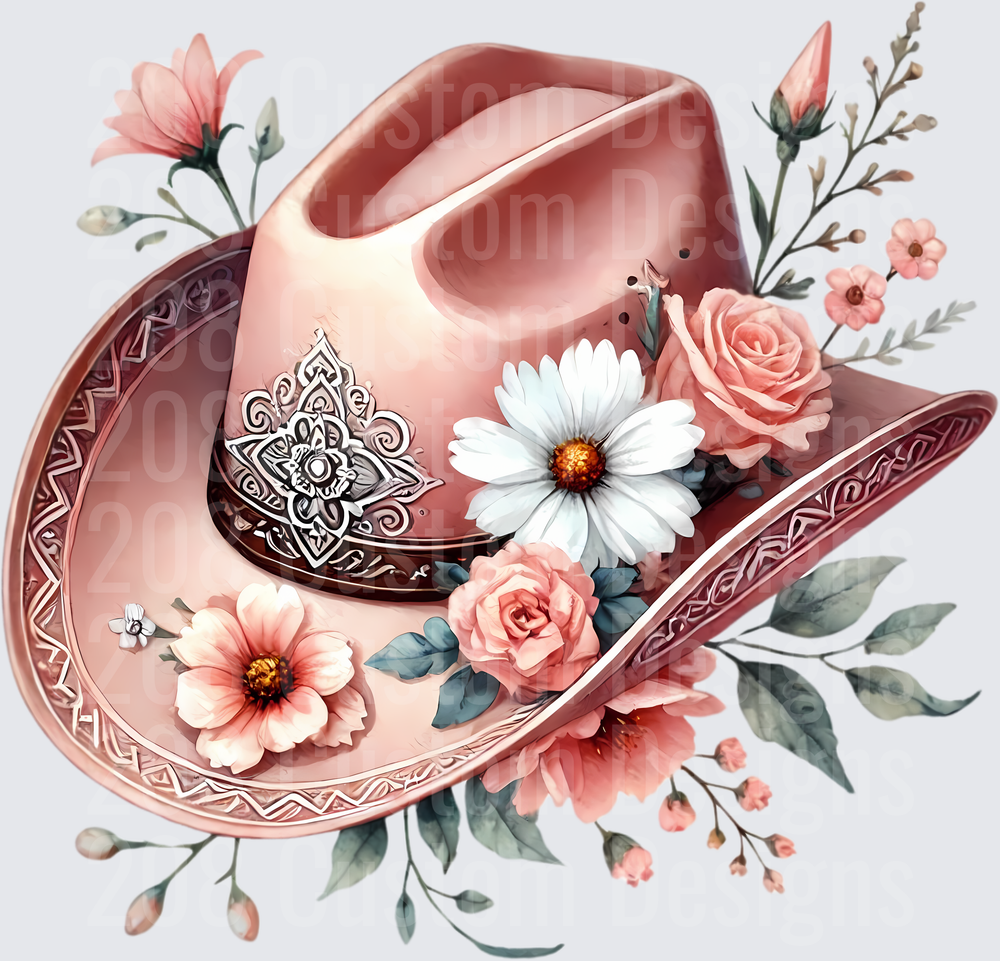 Pink Western Cowboy Hat with Mandala Design and Watercolor Roses