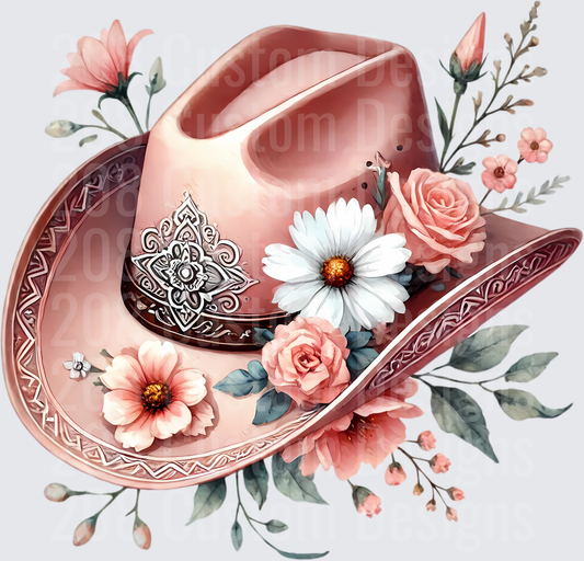 Pink Western Cowboy Hat with Mandala Design and Watercolor Roses