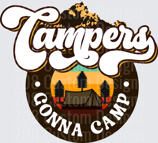 Campers Gonna Camp Retro Badge with Tent and Pine Trees