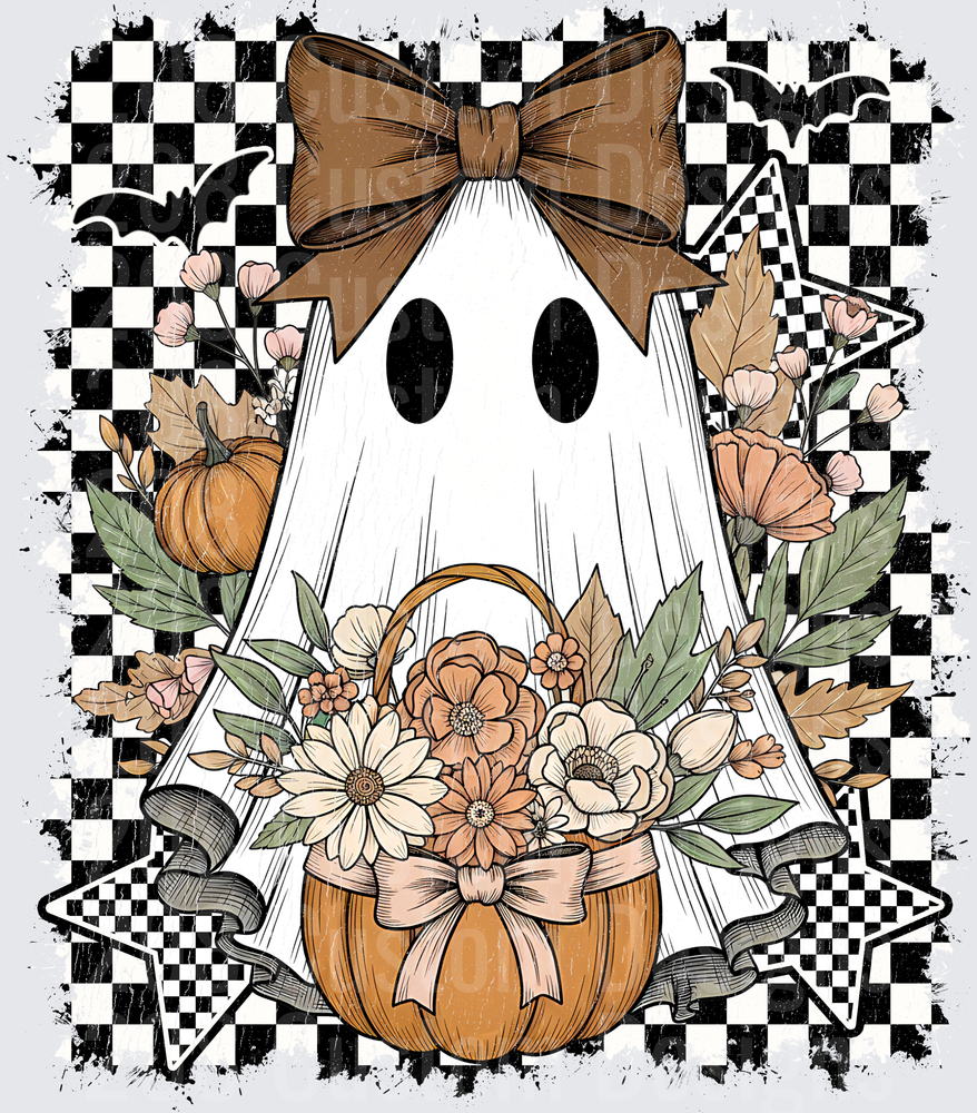 Boho Ghost Brown Bow Floral Pumpkin Basket Checkered Halloween