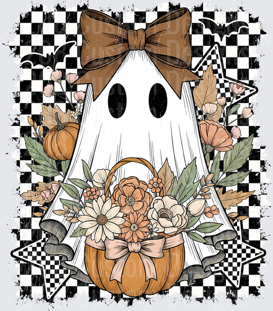 Boho Ghost Brown Bow Floral Pumpkin Basket Checkered Halloween