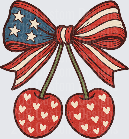 Patriotic American Flag Bow with Heart-Dotted Red Cherries