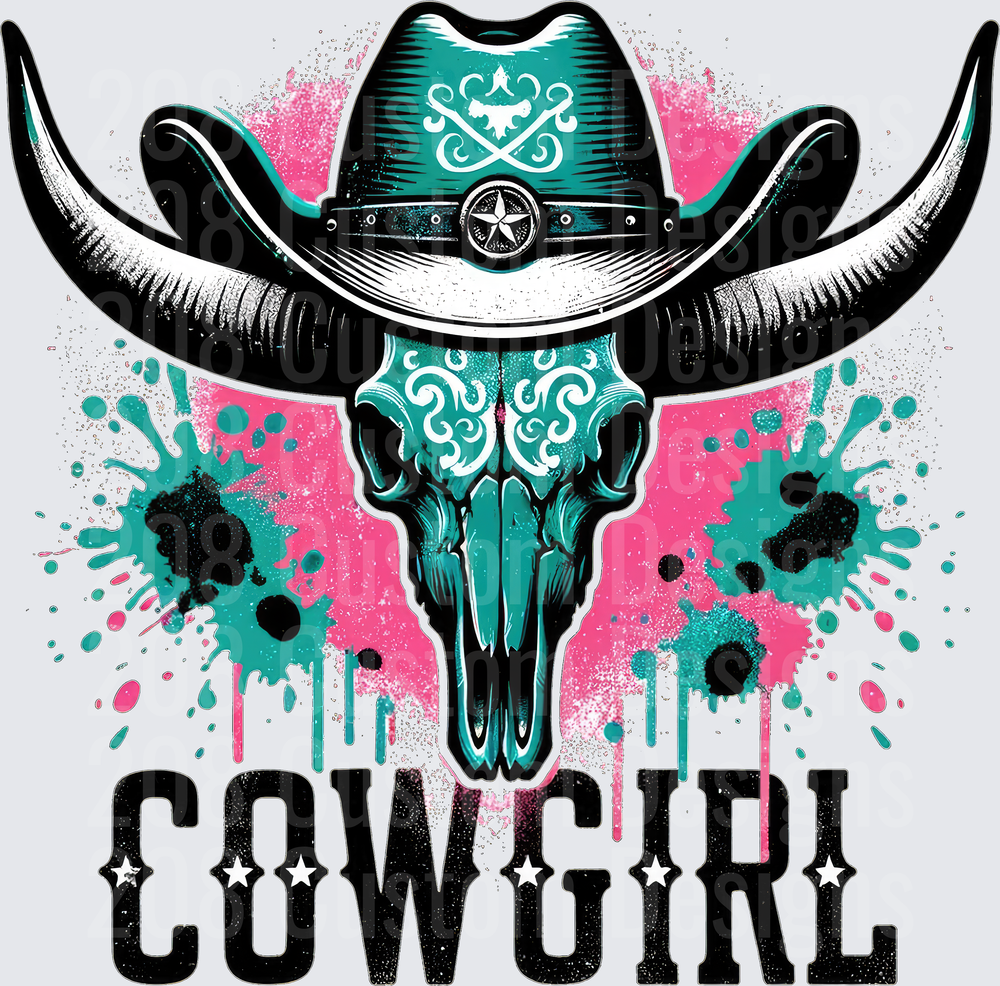 Cowgirl Bull Skull with Cowboy Hat and Paint Splatter Design